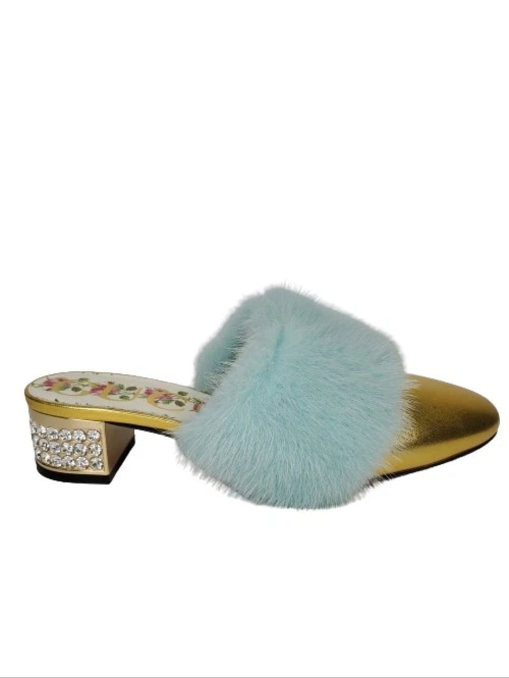 Gucci Gold Metallic Nappa Leather Mink Fur Crystal Candy Mules